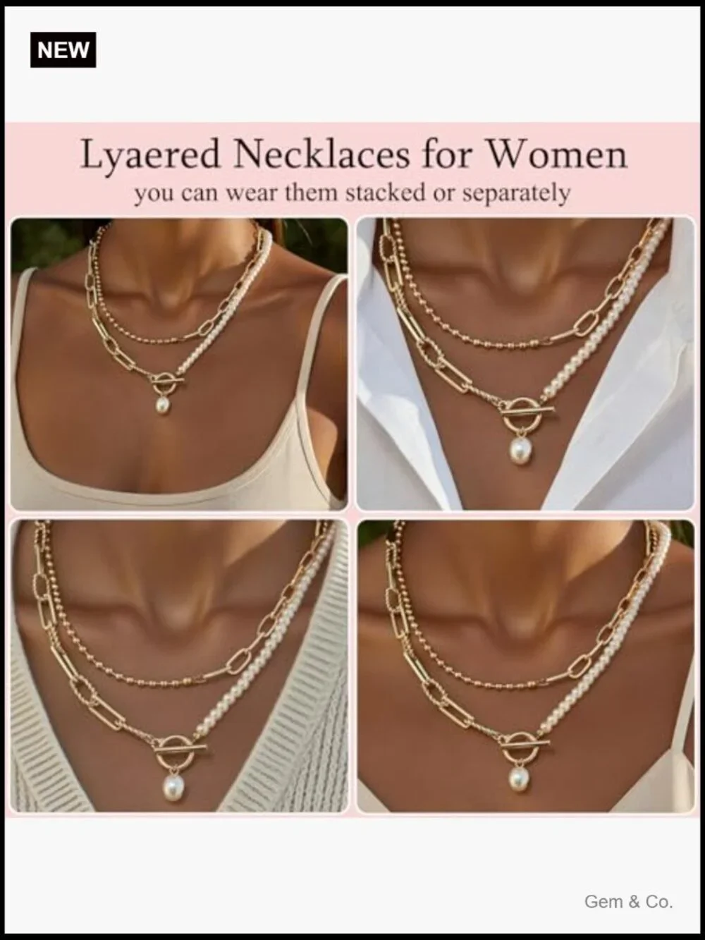 Layered Pearl Chain Necklace with Toggle Clasp, 14K Gold Plated, Trendy Dainty